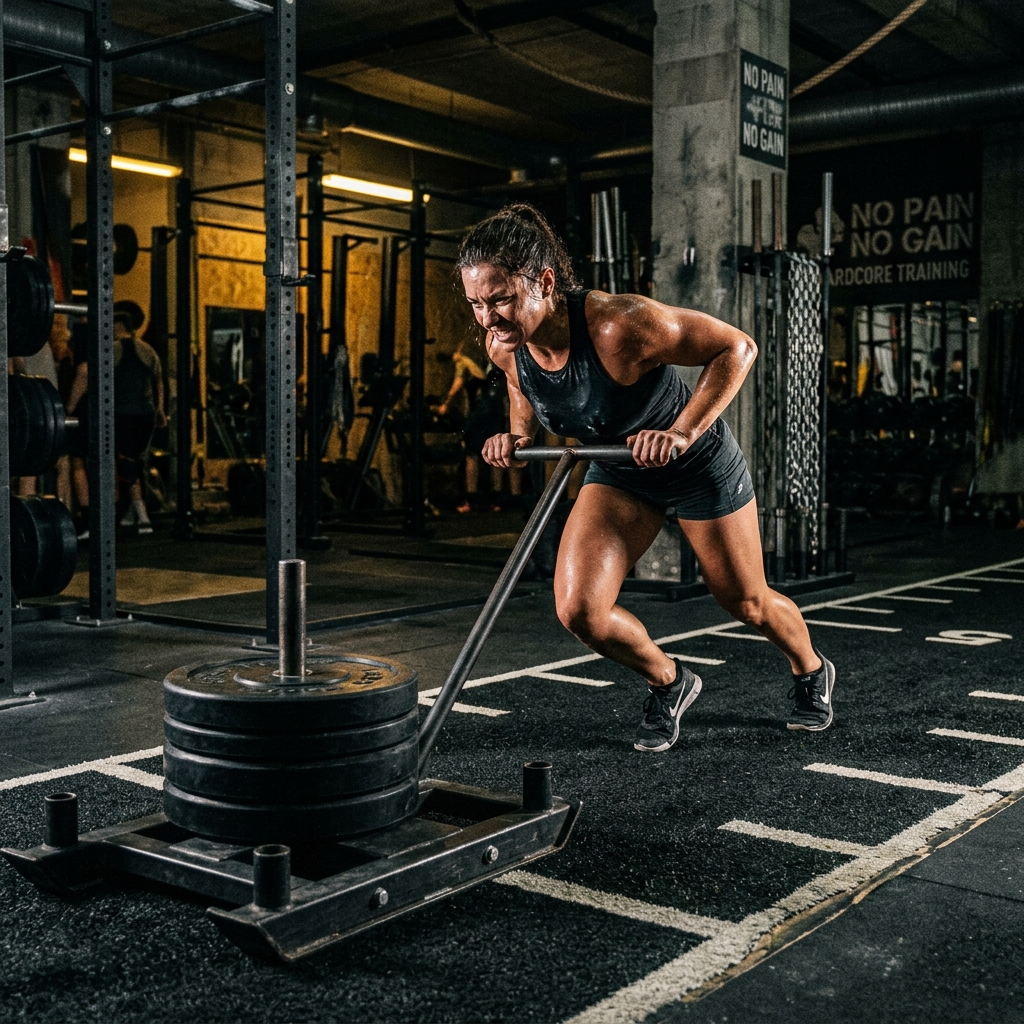 Athlete pushing sled